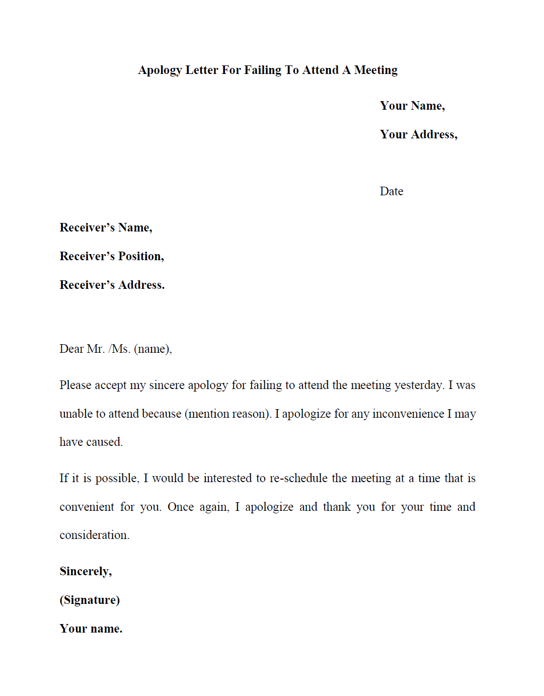 Apology Letter For Failing To Attend A Meeting